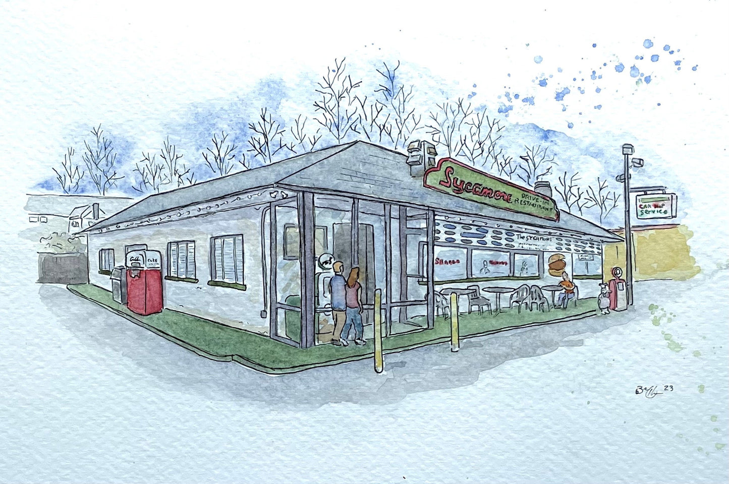 Sycamore Drive-In Bethel CT Original Watercolor Painting