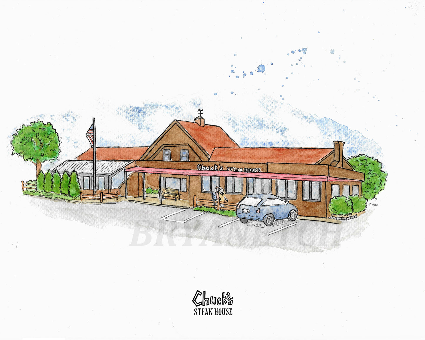 Chuck's Steakhouse Danbury CT - 8x10" Watercolor Art Print by Bryan Etch