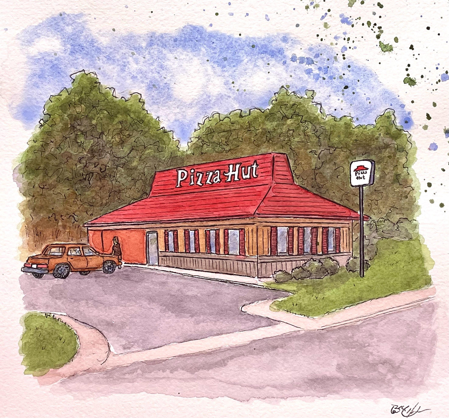 Pizza Hut - Original Watercolor Art by Bryan Etch - Classic Red Roof Dine-In Building - Nostalgic painting