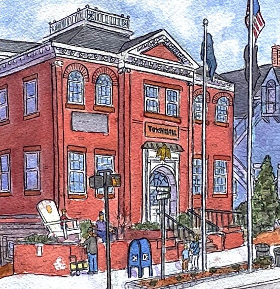 Ridgefield in Watercolor - Town Hall Main Street - 8x10” Print by Bryan Etch