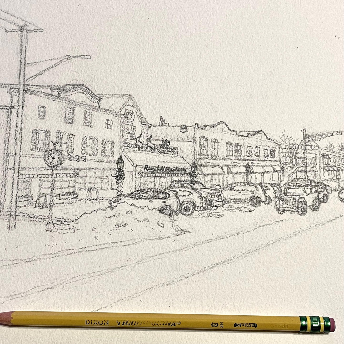 Ridgefield CT in the Snow - Downtown Main Street Ridgefield Connecticut Original Watercolor Art by Bryan Etch