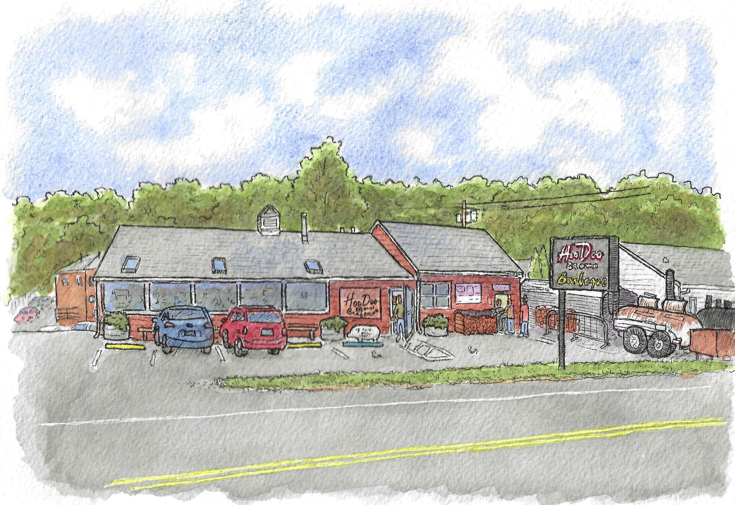 Hoodoo Brown BBQ Ridgefield CT - 8x10" Watercolor Art Print by Bryan Etch