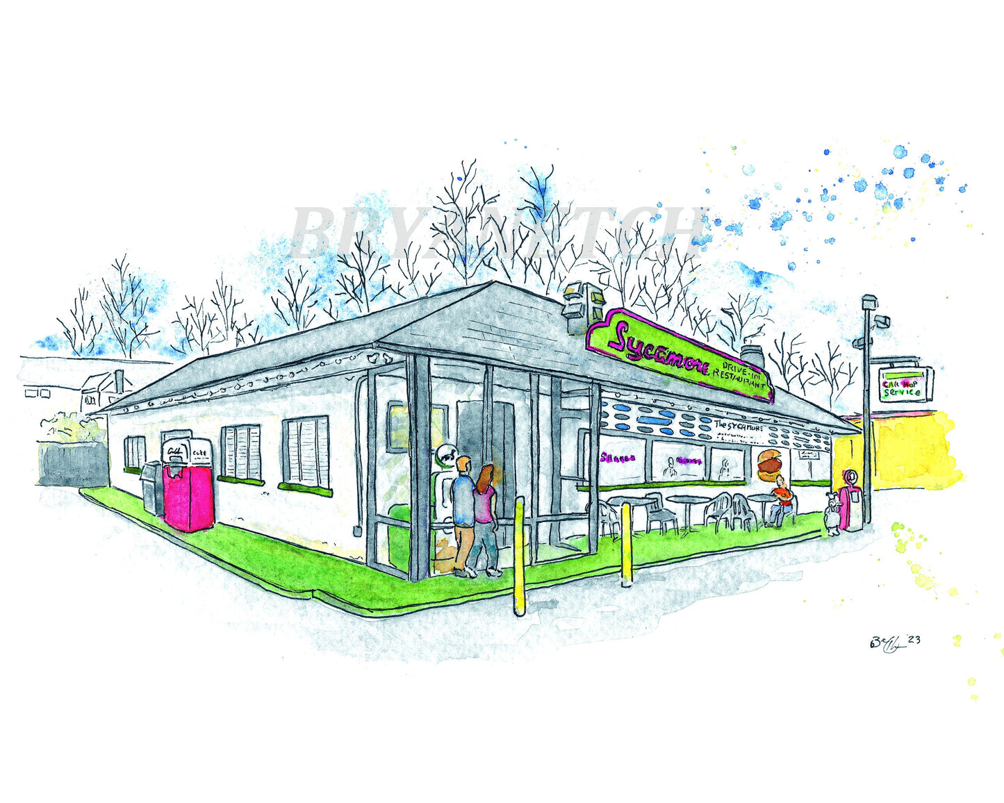Sycamore Drive-In Bethel CT Original Watercolor Painting