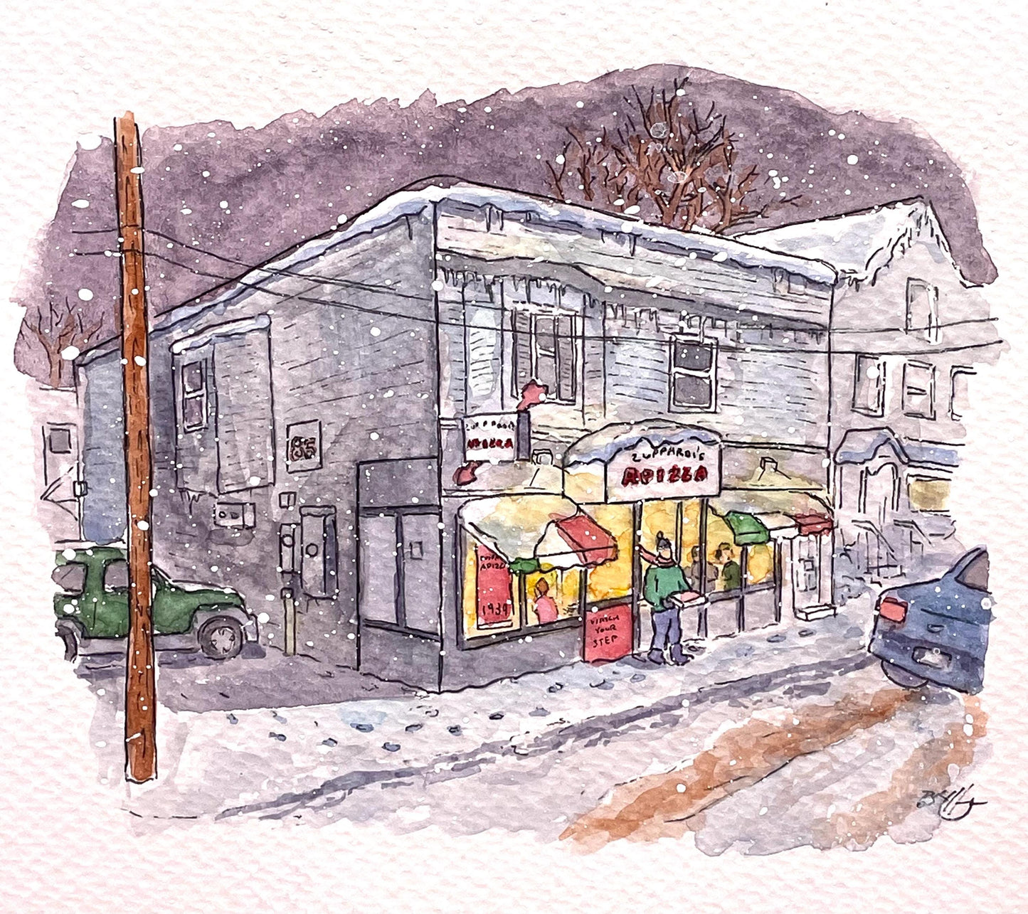 Zuppardi's Apizza Winter Watercolor - West Haven, CT - Original Painting