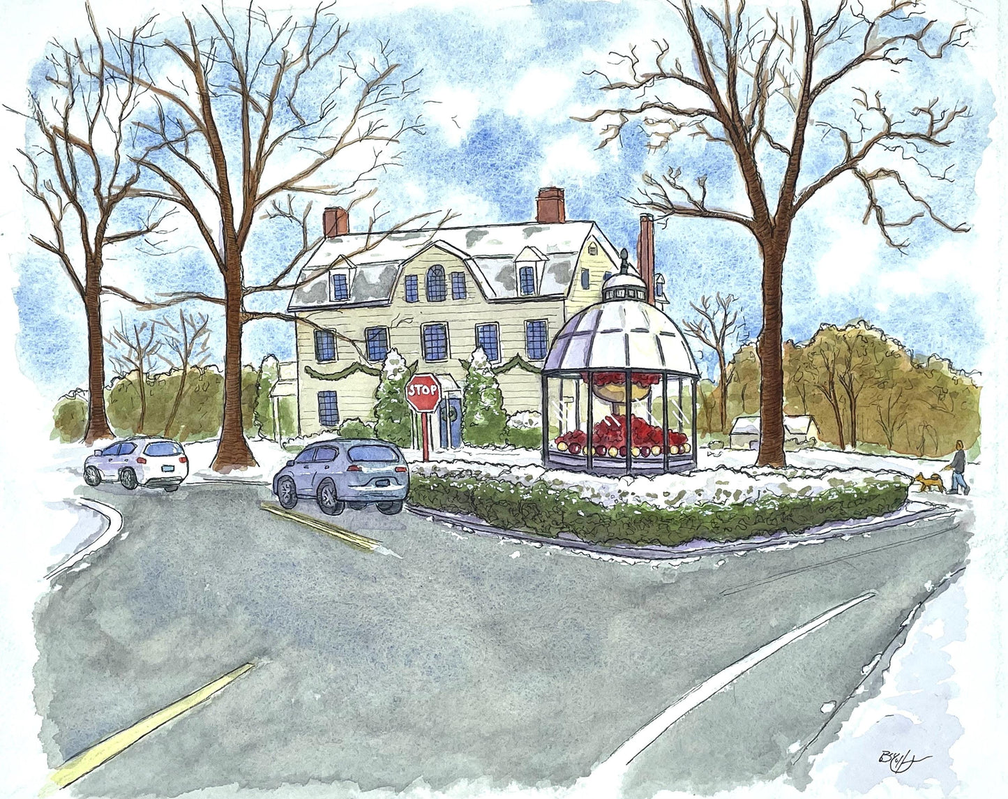 Ridgefield in Watercolor - Cass Gilbert Fountain Winter Scene, Original Art
