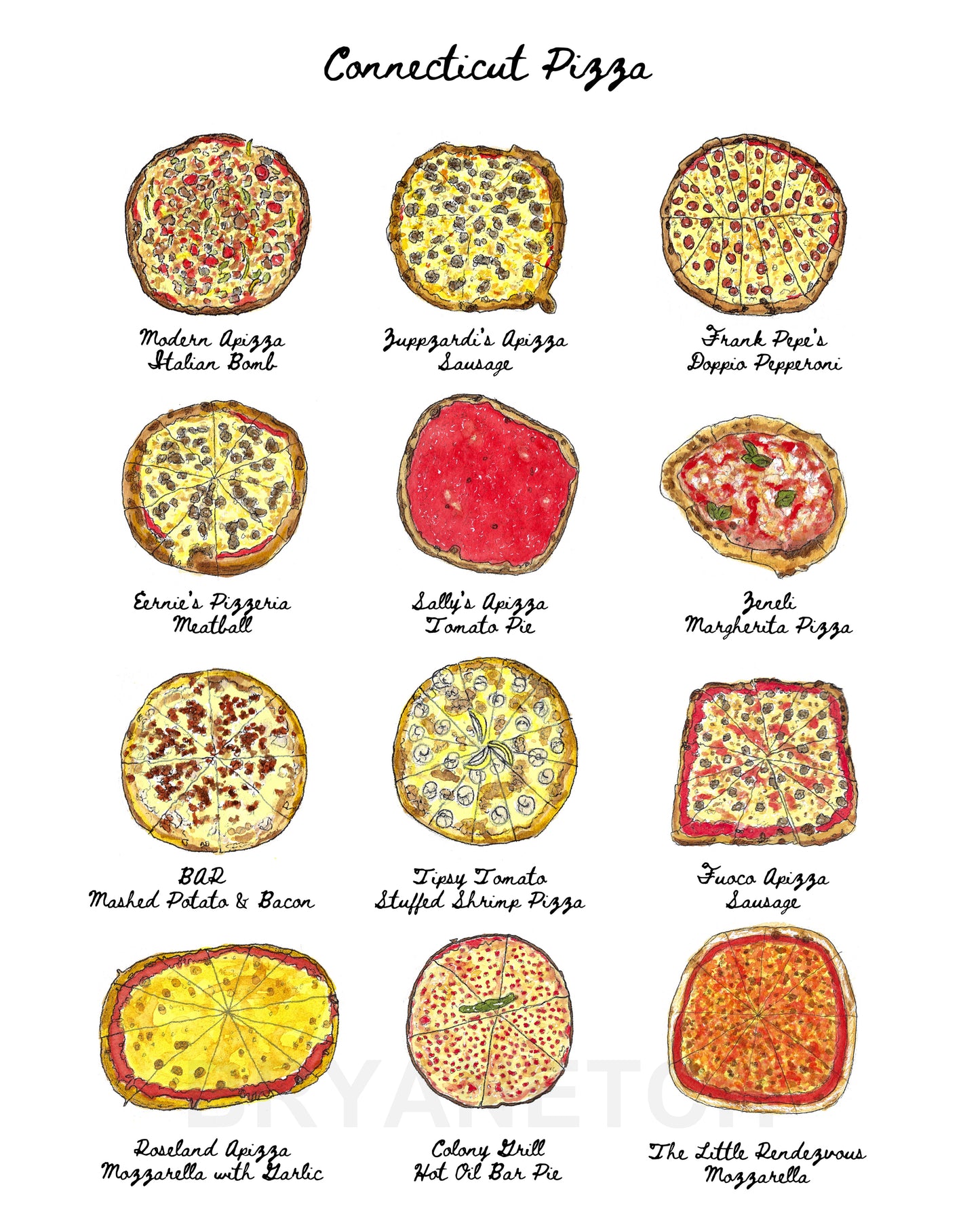 12 Connecticut Pizzas in Watercolor Art Print by Bryan Etch