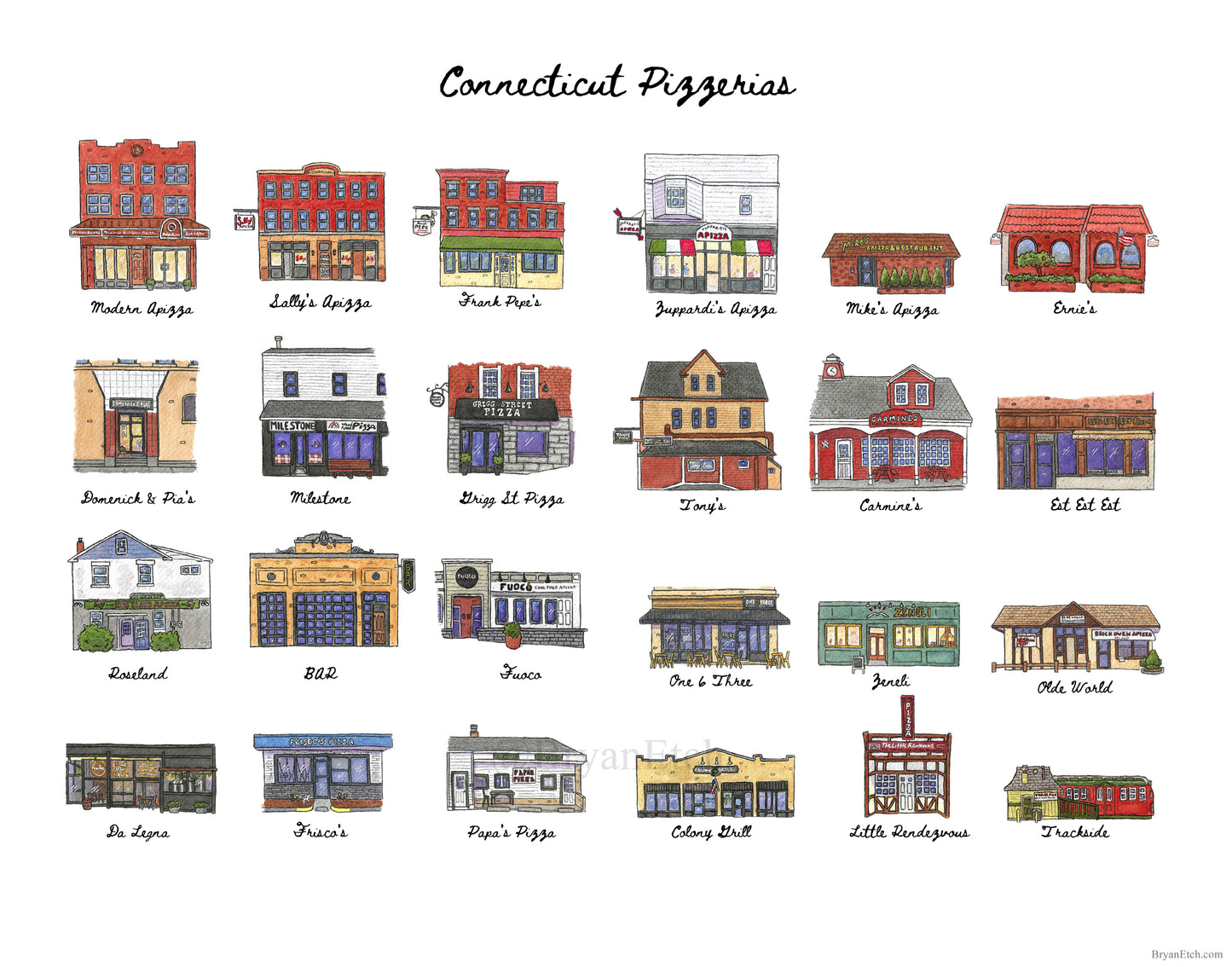 24 Connecticut Pizzeria Storefronts - 8x10" Watercolor Art Print by Bryan Etch