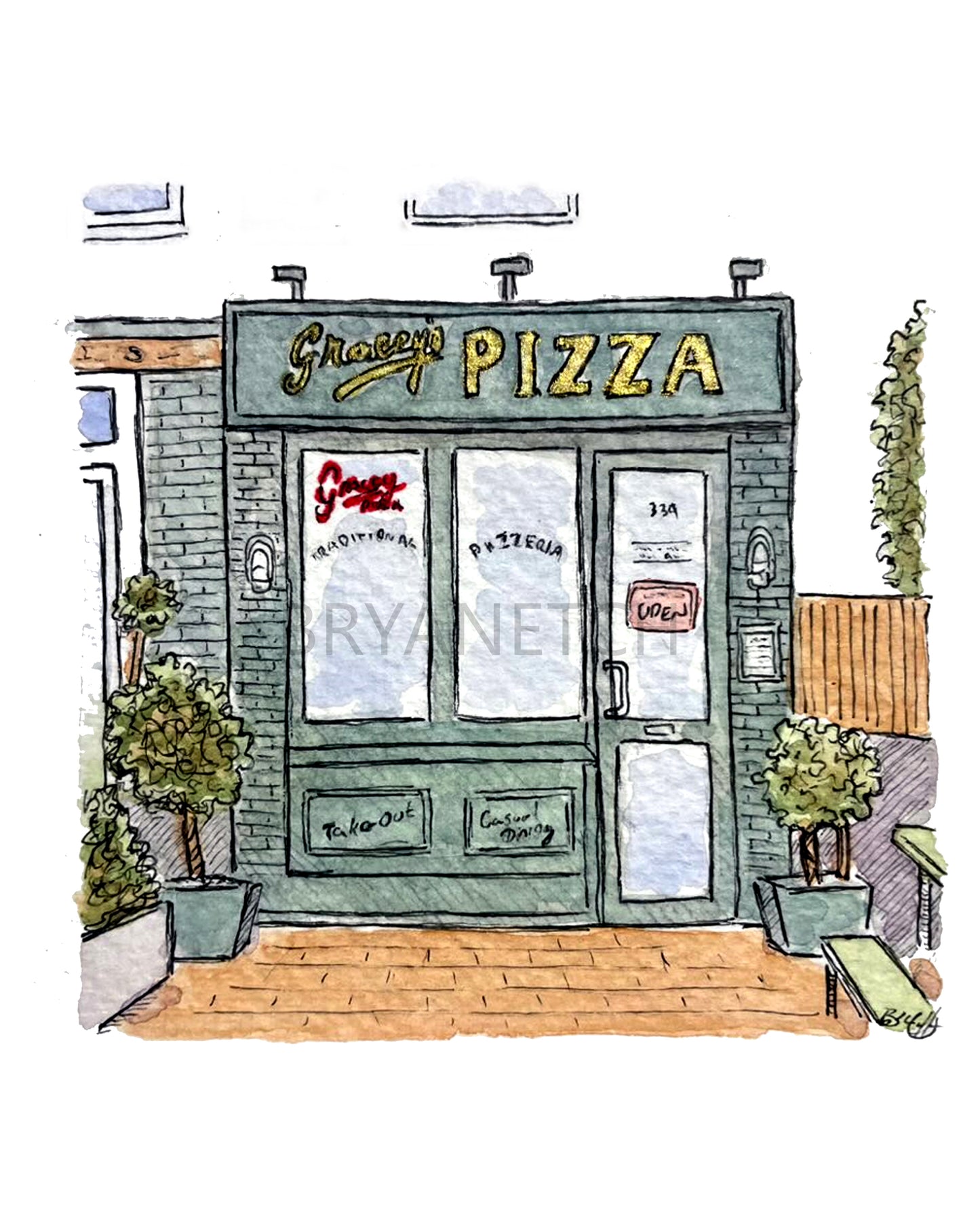 Gracey's Pizza Storefront Art Print by Bryan Etch