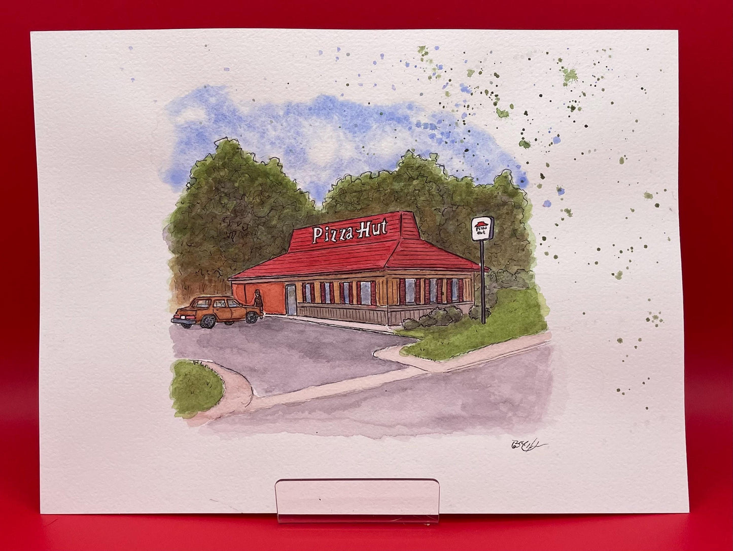 Pizza Hut - Original Watercolor Art by Bryan Etch - Classic Red Roof Dine-In Building - Nostalgic painting