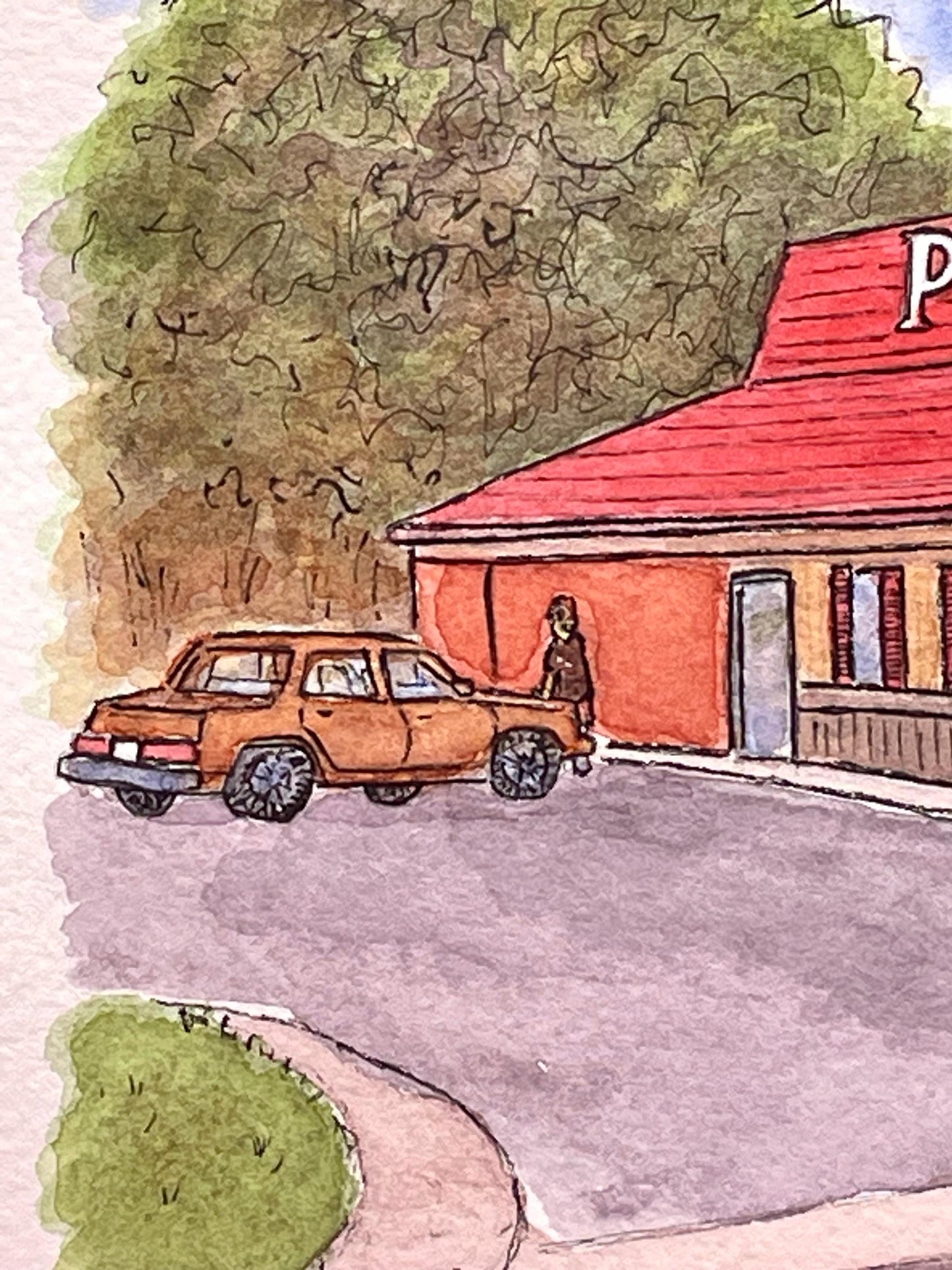 Pizza Hut - Original Watercolor Art by Bryan Etch - Classic Red Roof Dine-In Building - Nostalgic painting