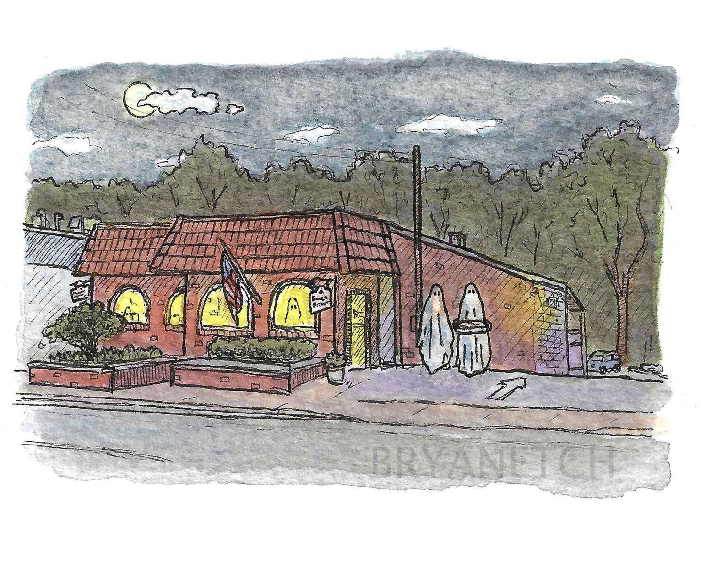 Ernie's Pizzeria Halloween - Westville New Haven CT Watercolor Art Print 8x10”