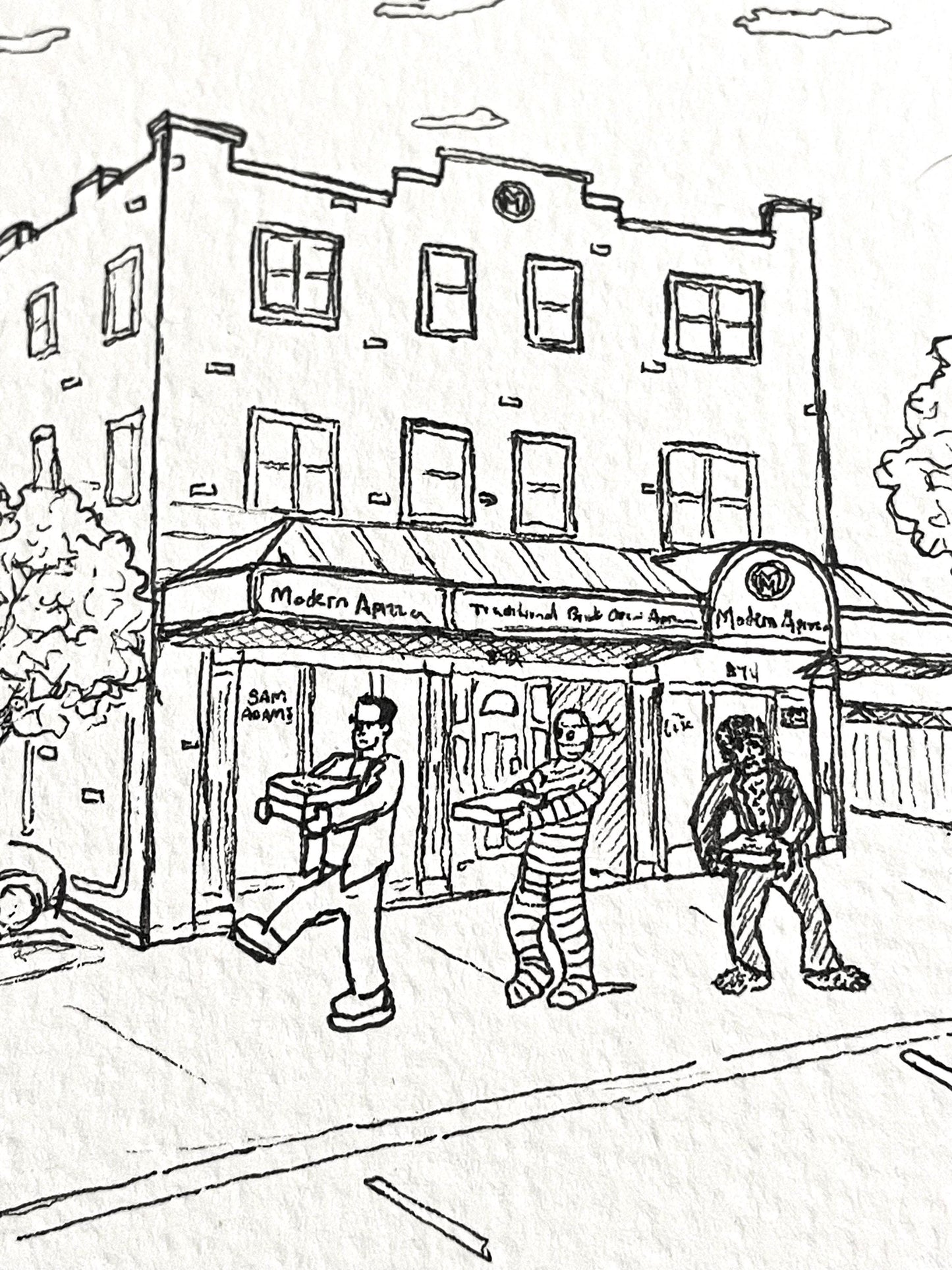 Modern Apizza Halloween, New Haven, CT - 8x10" Watercolor Pizzeria Art Print by Bryan Etch