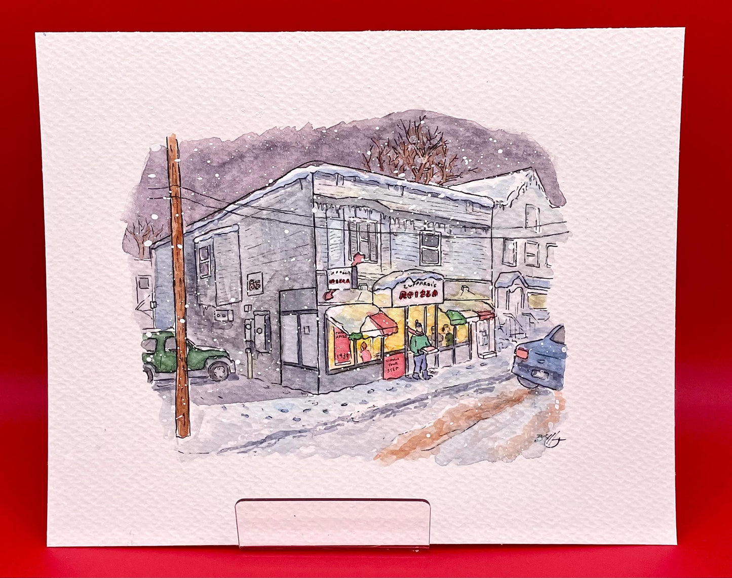 Zuppardi's Apizza Winter Watercolor - West Haven, CT - Original Painting