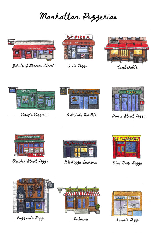 12 Manhattan Pizzeria Storefronts - 20x30" Watercolor Art Print by Bryan Etch