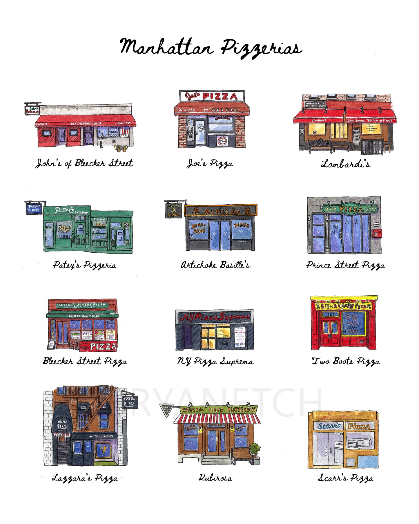 12 Manhattan Pizzeria Storefronts - 11x14" Watercolor Art Print by Bryan Etch