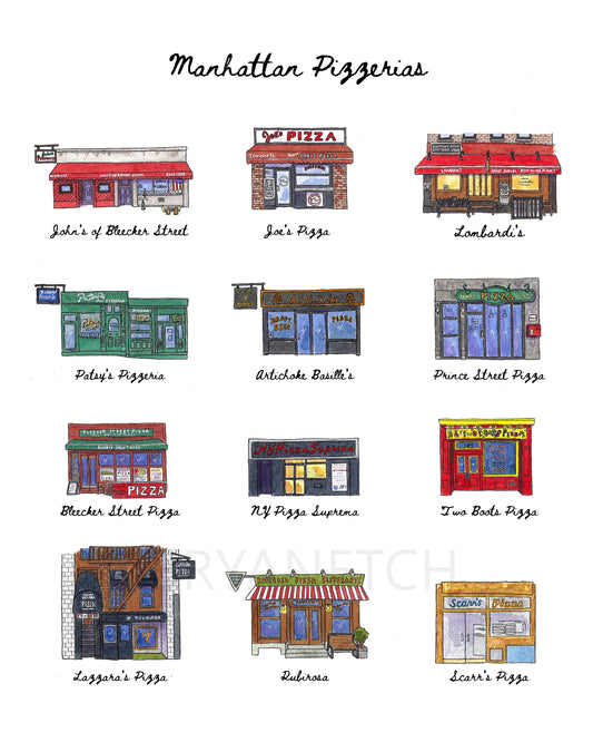 12 Manhattan Pizzeria Storefronts - 11x14" Watercolor Art Print by Bryan Etch