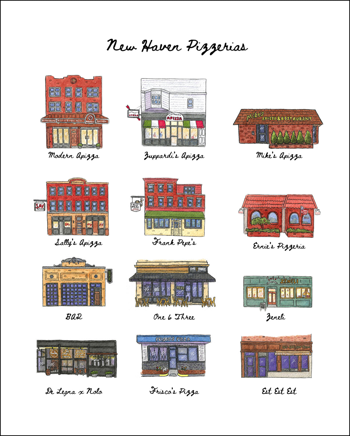 12 New Haven Pizzeria Storefronts in Watercolor Art Print / Poster by Bryan Etch