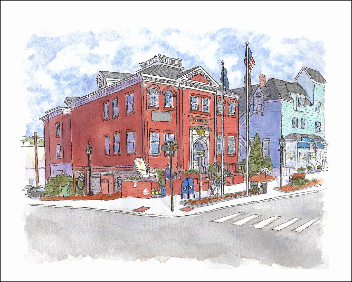 Ridgefield Town Hall Original Watercolor, Main Street Ridgefield Connecticut Art by Bryan Etch