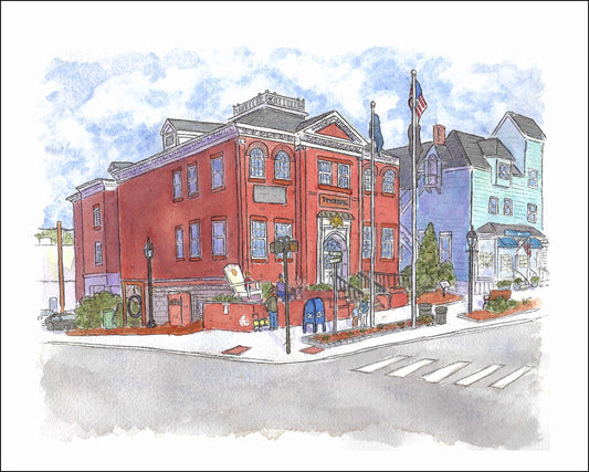 Ridgefield Town Hall Original Watercolor, Main Street Ridgefield Connecticut Art by Bryan Etch