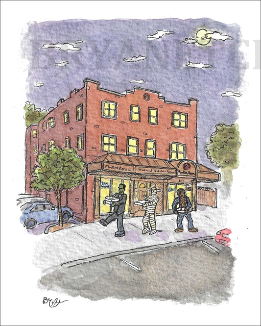 Modern Apizza Halloween, New Haven, CT - 8x10" Watercolor Pizzeria Art Print by Bryan Etch