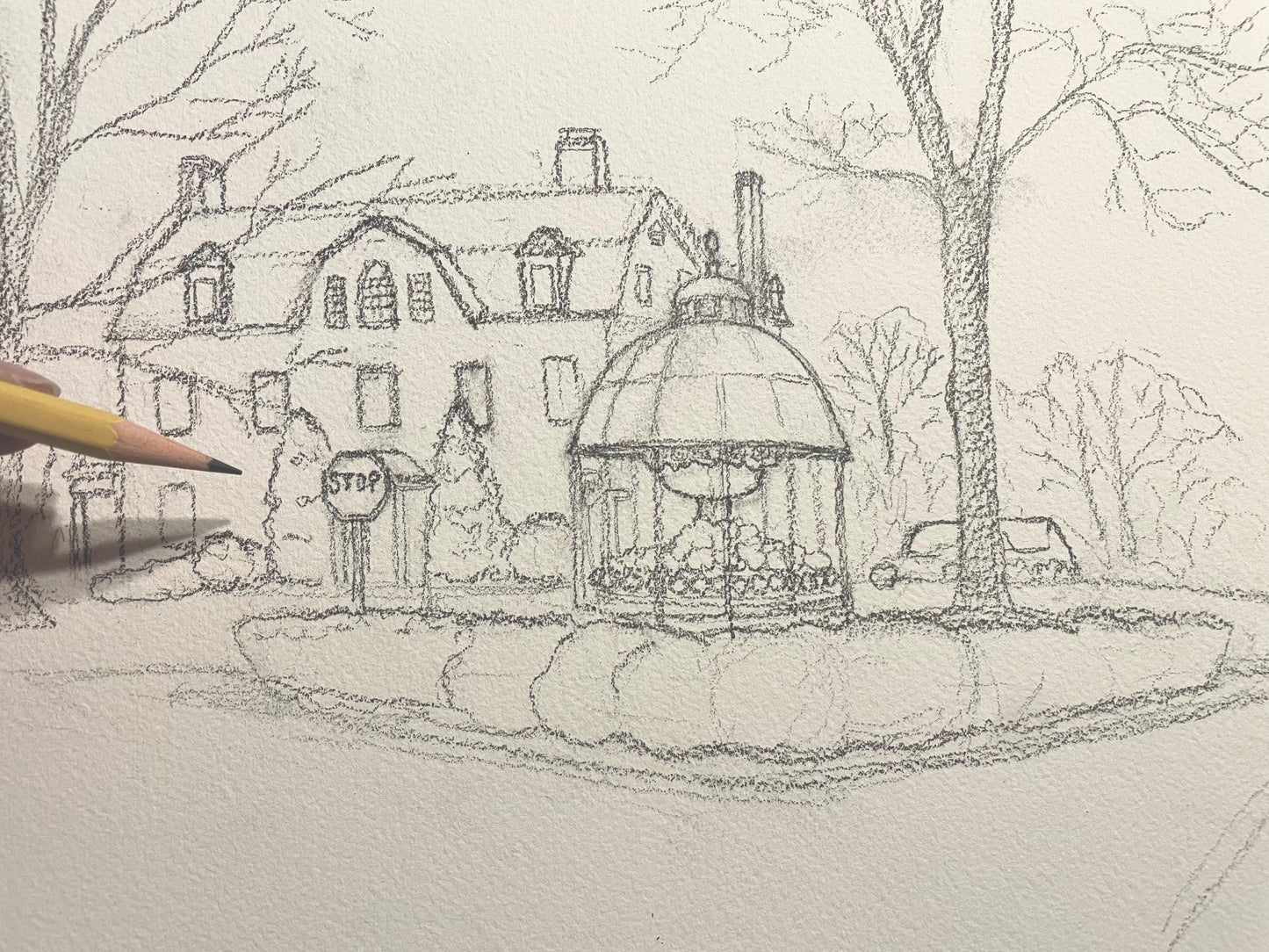 Ridgefield in Watercolor - Cass Gilbert Fountain Winter Scene, Original Art