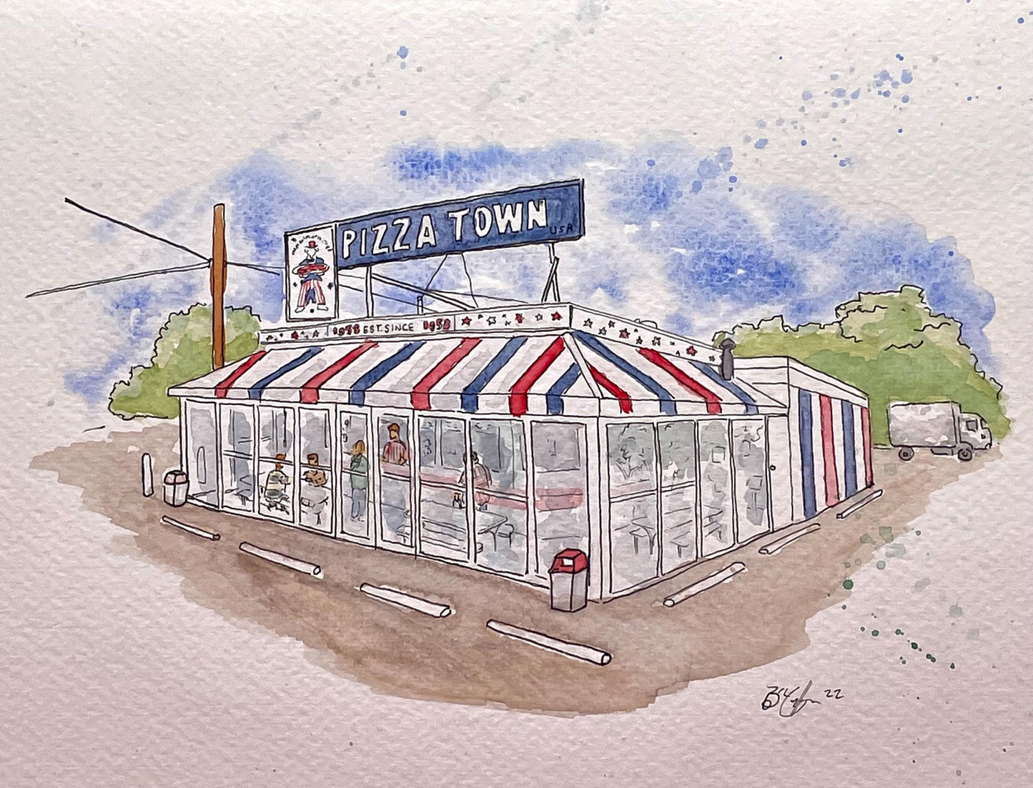 Pizza Town USA Elmwood Park NJ Original Watercolor Art by Bryan Etch - Large (8x10”)