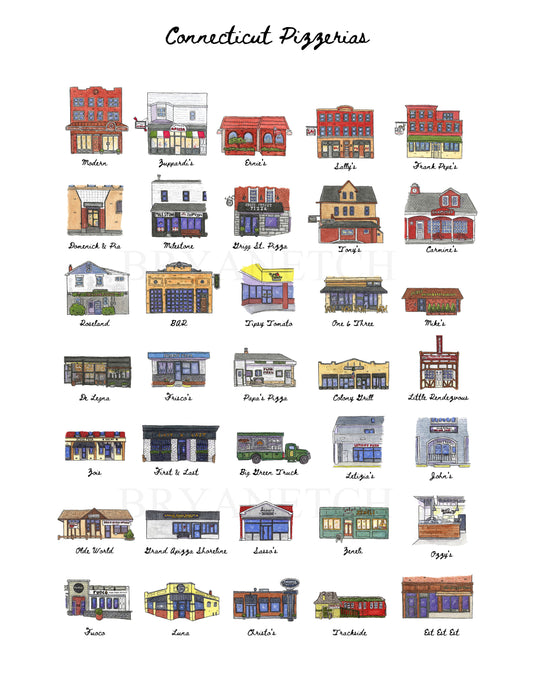 35 Connecticut Pizzeria Storefronts - Watercolor 11x14" Art Print by Bryan Etch