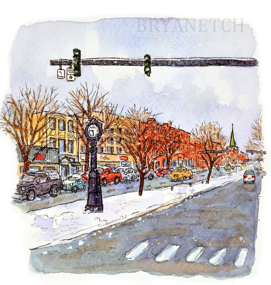 Danbury CT in the Snow Series - Main Street Clock - 8x10” Print by Bryan Etch