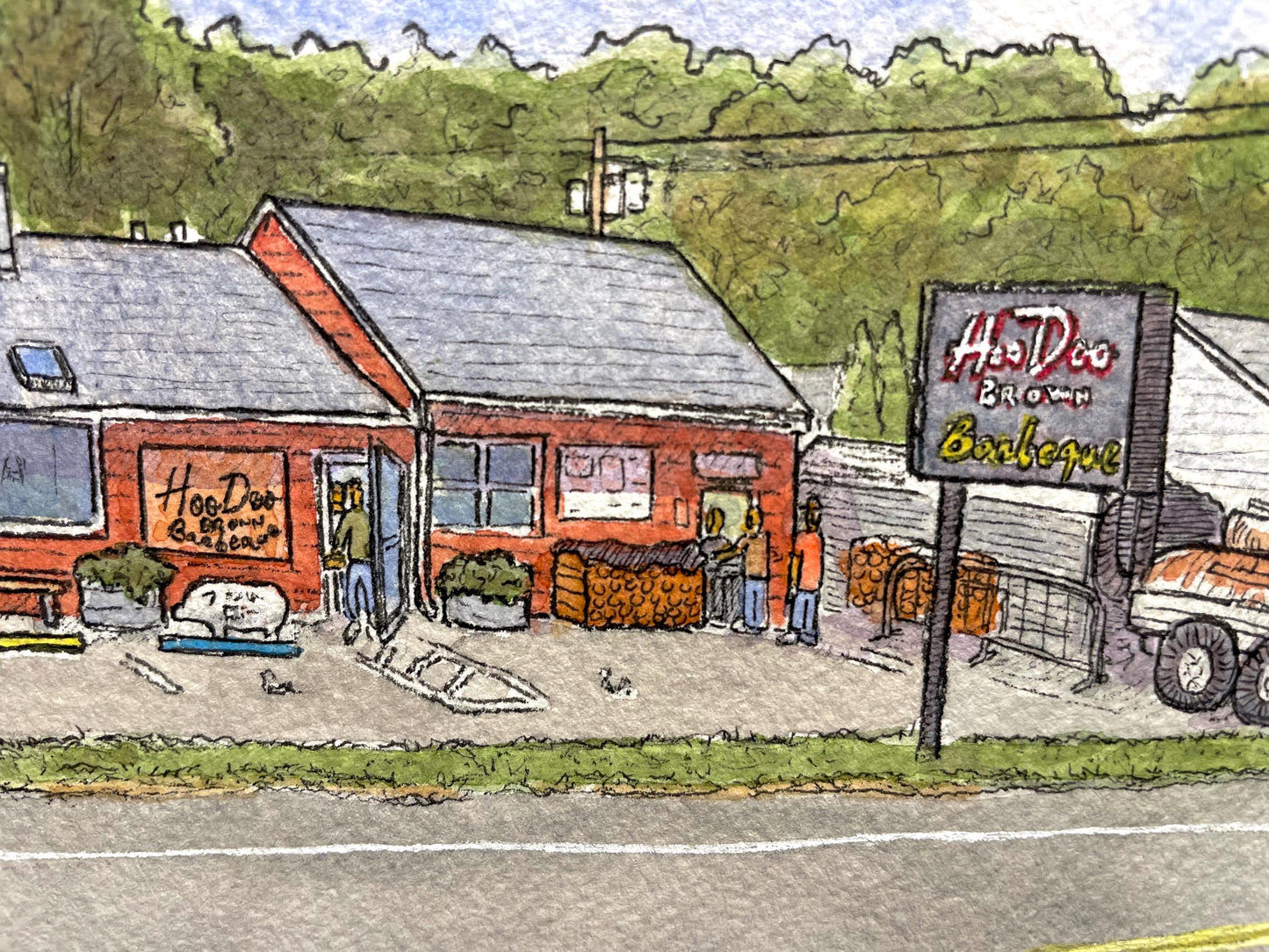 Hoodoo Brown BBQ Ridgefield CT - 8x10"  Watercolor Art Print by Bryan Etch