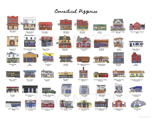 48 Connecticut Pizzeria Storefronts - Watercolor 11x14" Poster Art Print by Bryan Etch