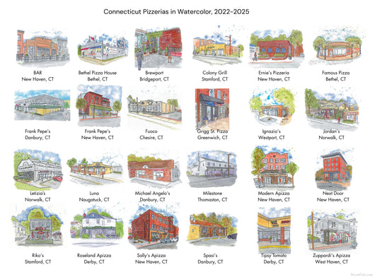 Connecticut Pizzeria Storefronts in Watercolor (Alternate Version) 8x10" Art Print by Bryan Etch