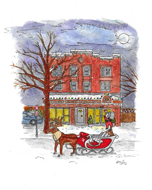 Modern Apizza Christmas New Haven, CT - 11x14" Watercolor Pizzeria Art Print by Bryan Etch