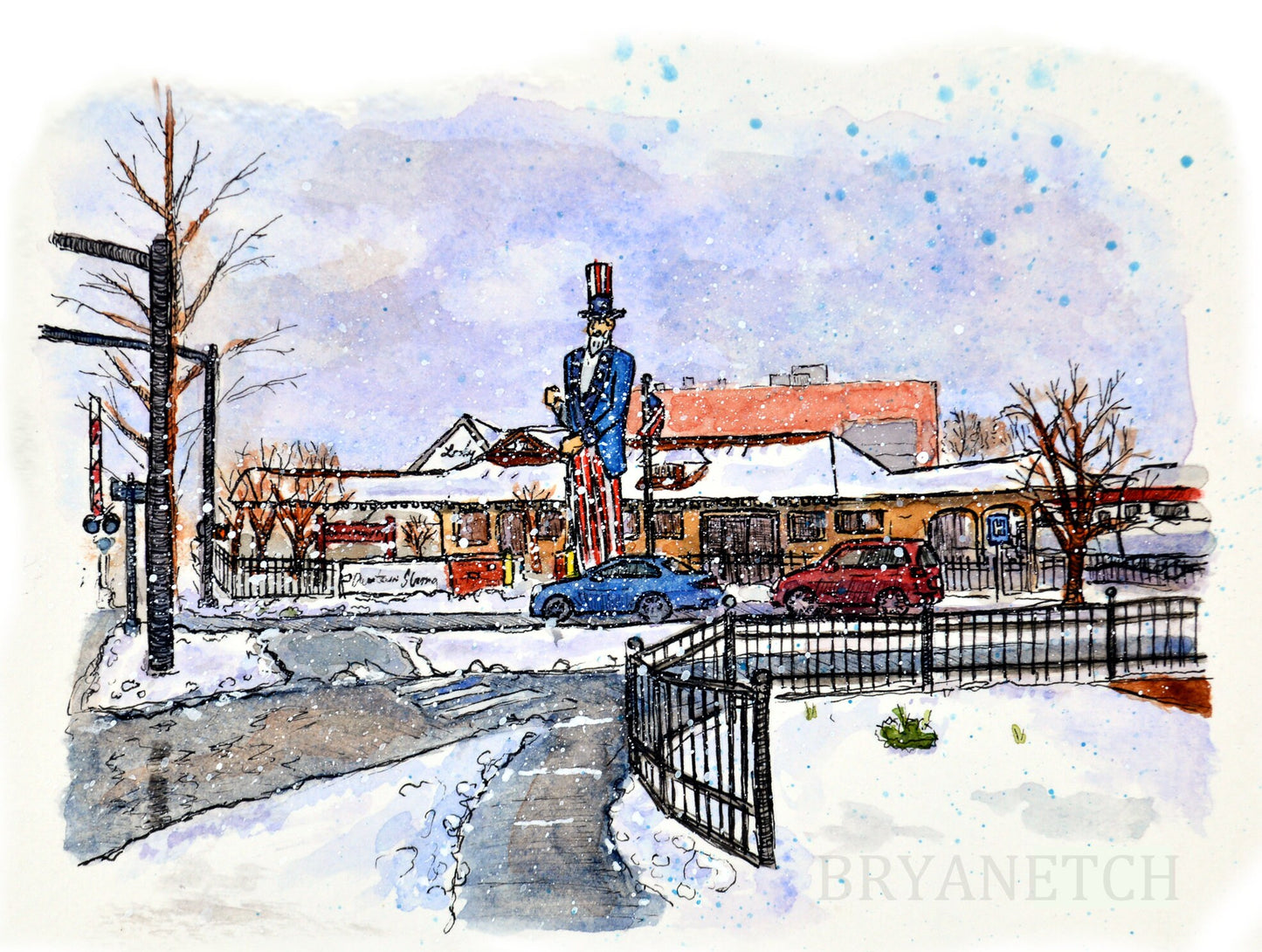 Danbury CT in the Snow Series - Railway Museum / Uncle Sam Statue - 8x10” Print by Bryan Etch