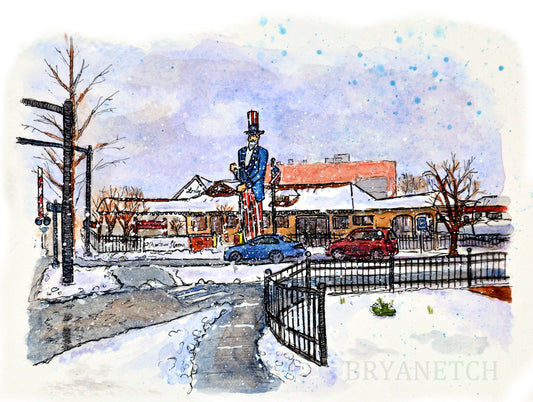 Danbury CT in the Snow Series - Railway Museum / Uncle Sam Statue - 8x10” Print by Bryan Etch