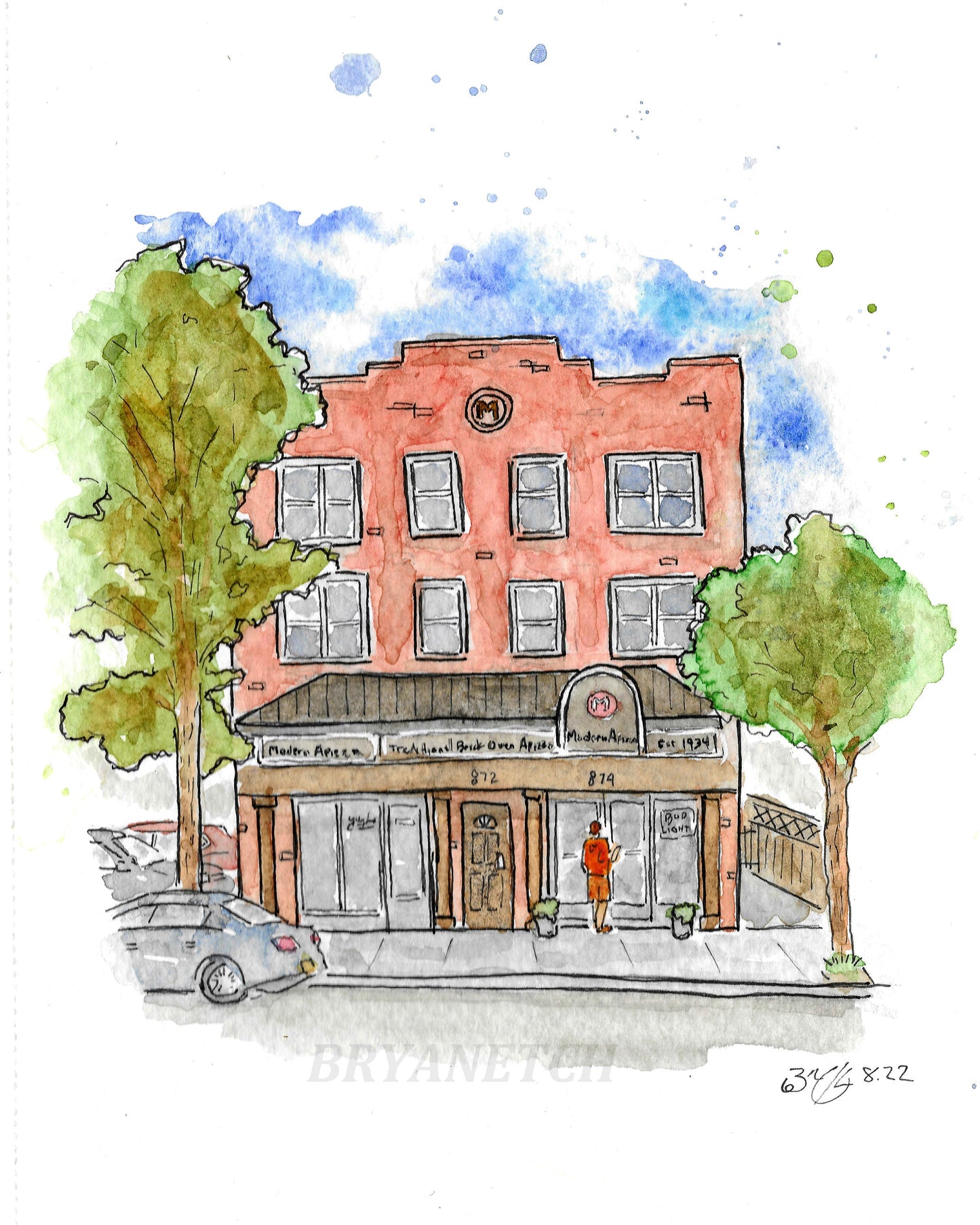 Modern Apizza New Haven CT - 8x10" Watercolor Pizzeria Art Print by Bryan Etch