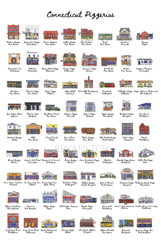72 Connecticut Pizzeria Storefronts in Watercolor Art Print / Poster by Bryan Etch