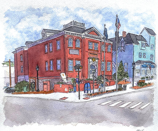 Ridgefield in Watercolor - Town Hall Main Street - 8x10” Print by Bryan Etch