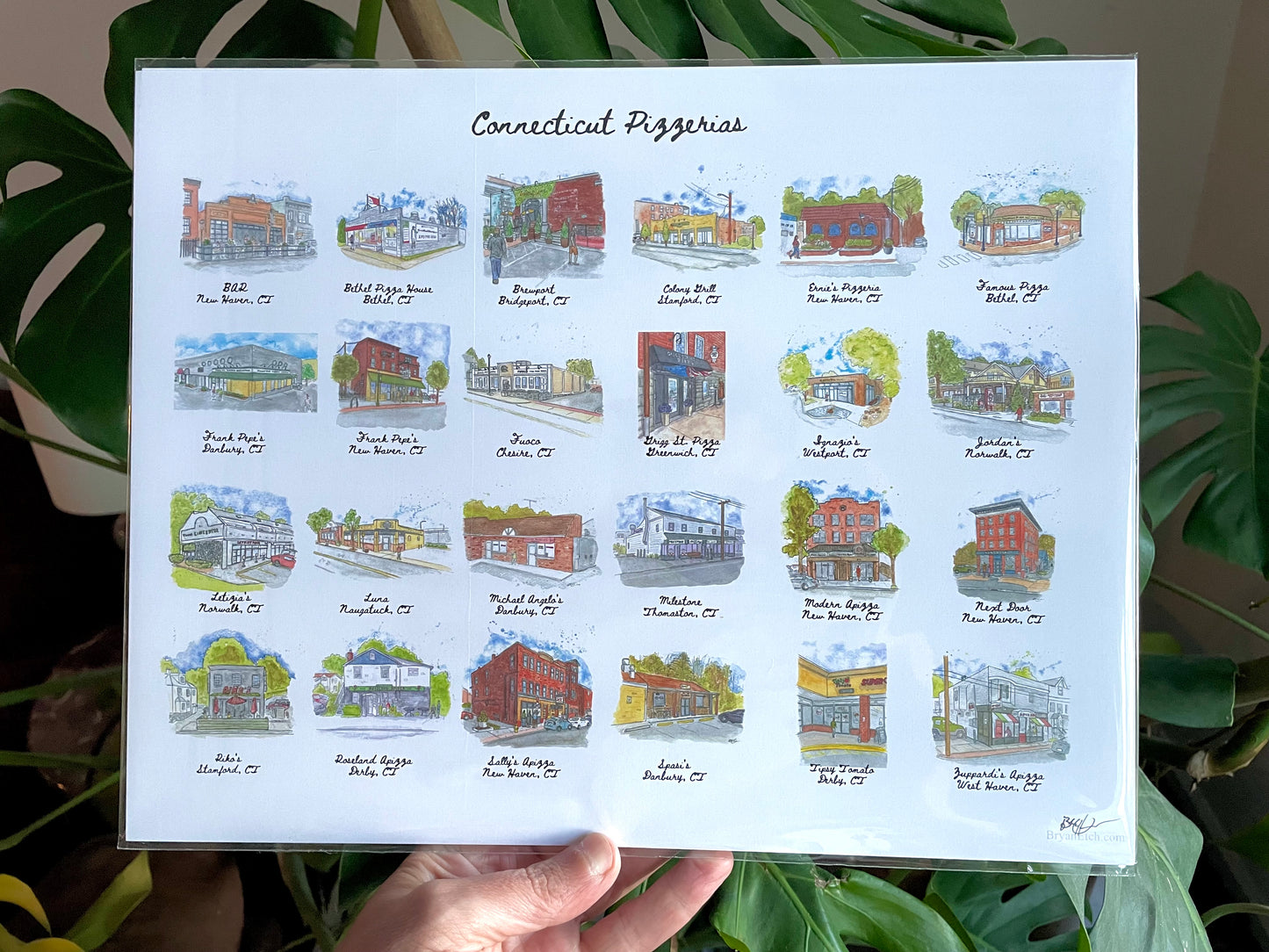 Connecticut Pizzeria Storefronts in Watercolor (Alternate Version) 11x14" Art Print by Bryan Etch