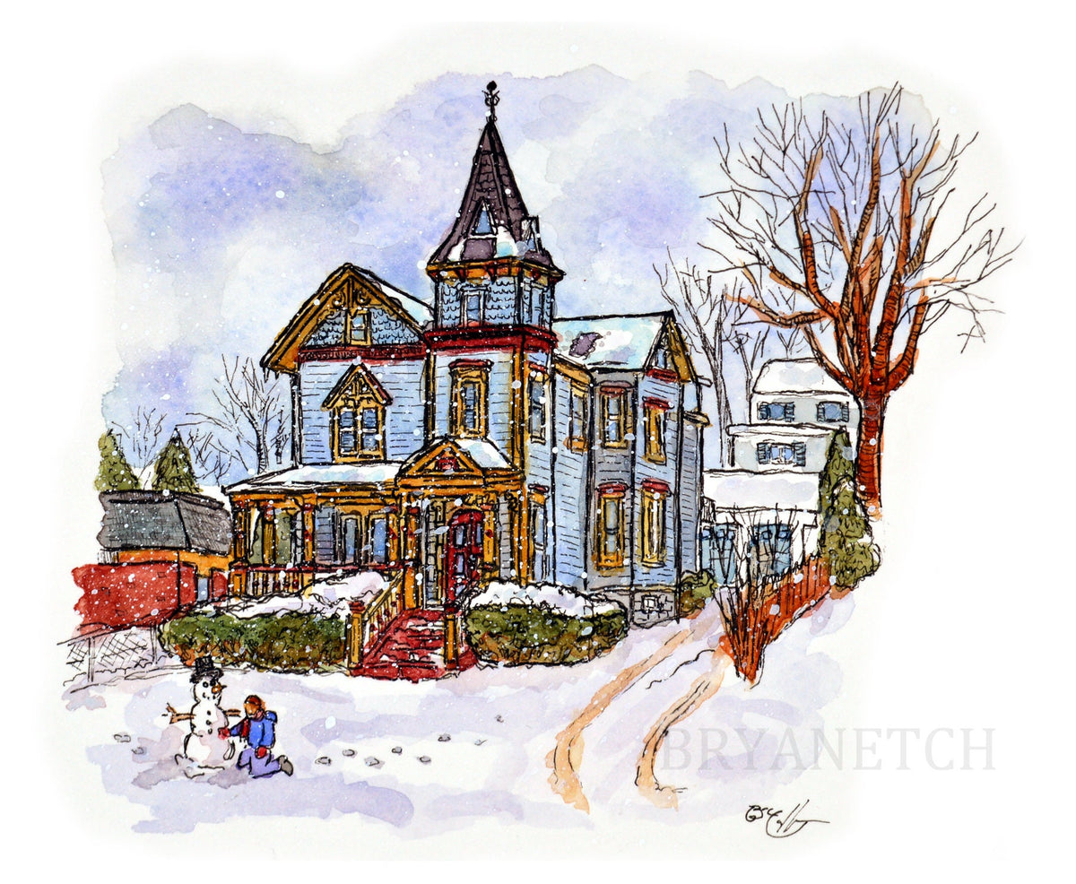 Danbury CT in the Snow Watercolor Series - Victorian Home - Original Watercolor Painting