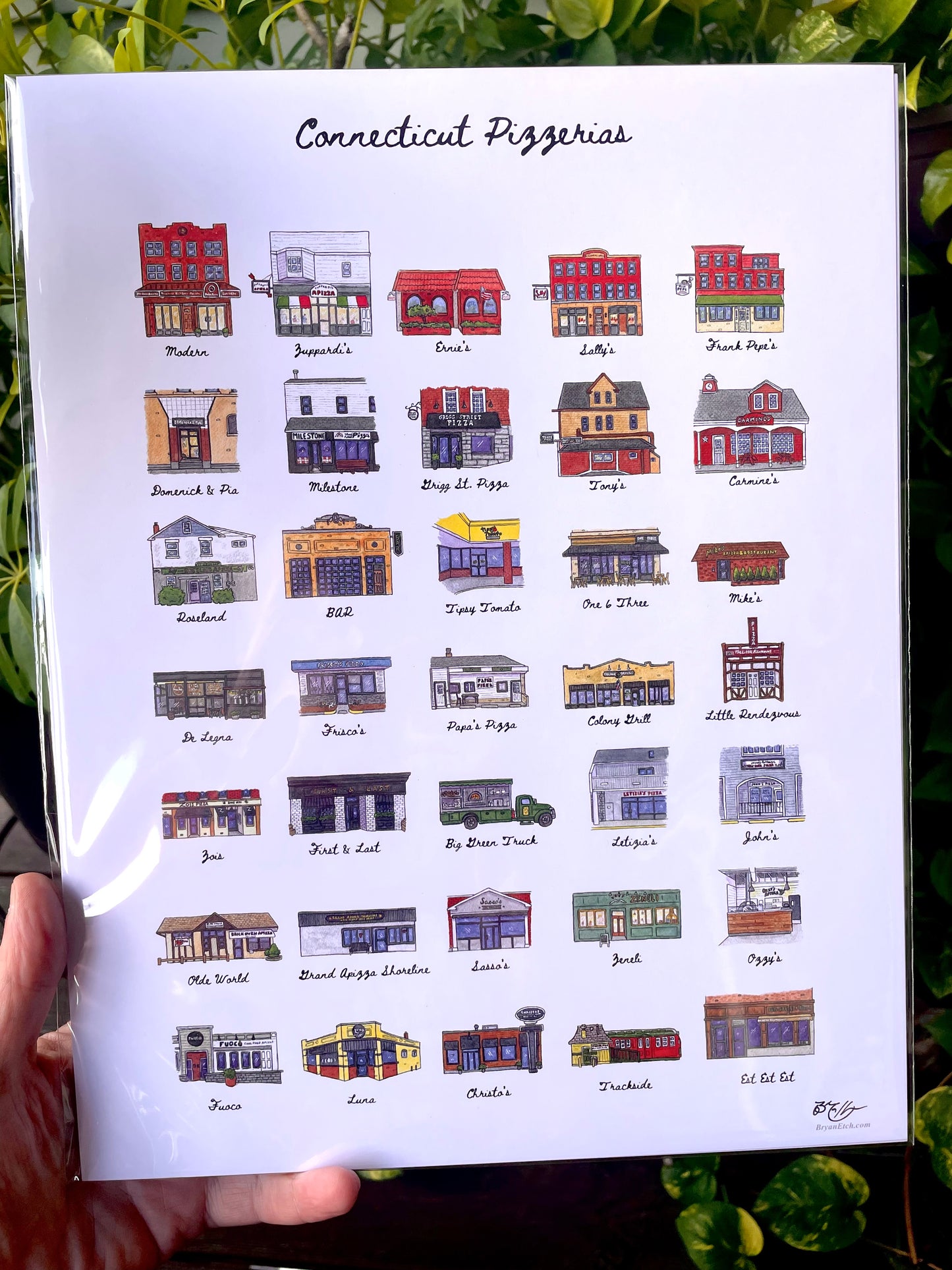 35 Connecticut Pizzeria Storefronts - Watercolor 11x14" Art Print by Bryan Etch