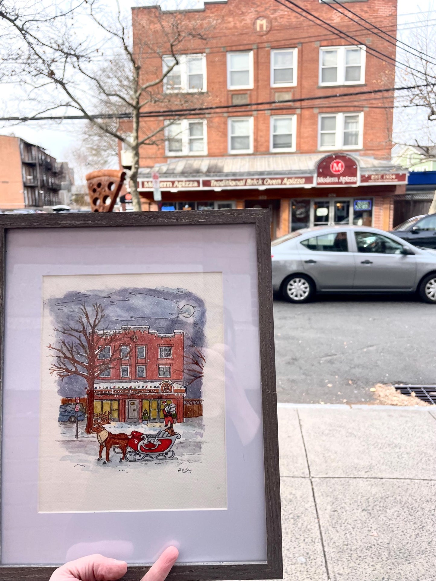 Modern Apizza Christmas New Haven, CT - 8x10" Watercolor Pizzeria Art Print by Bryan Etch