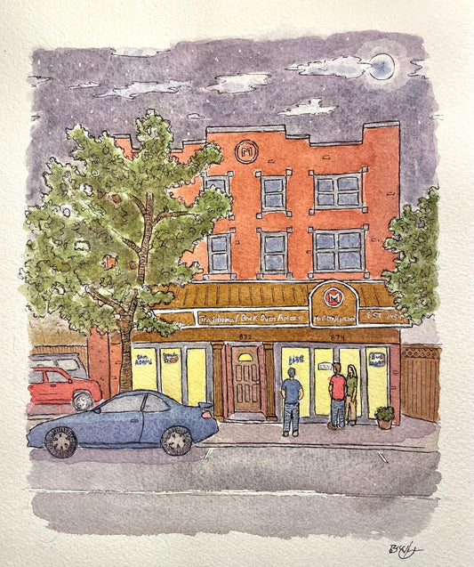 Modern Apizza at Night,  New Haven CT - 8x10" Watercolor Pizzeria Art Print by Bryan Etch