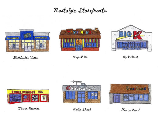 Nostalgic Storefronts in Watercolor 11x14” Art Print - Blockbuster, Toys R Us, K-Mart, Tower Records, Radio Shack, Funco Land