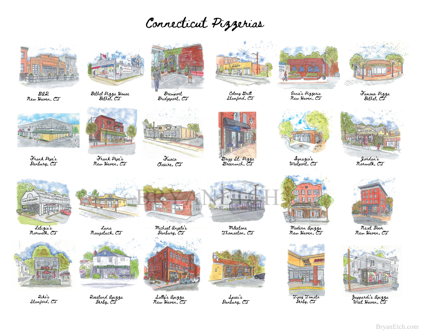 Connecticut Pizzeria Storefronts in Watercolor (Alternate Version) 11x14" Art Print by Bryan Etch