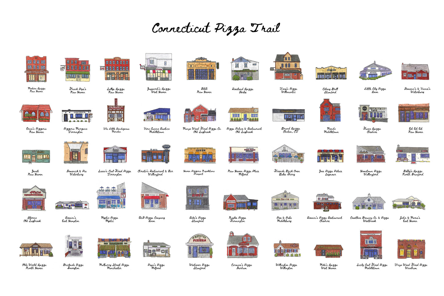 Connecticut Pizza Trail 50 Storefronts in Watercolor - Watercolor 11x14" Poster Art Print by Bryan Etch