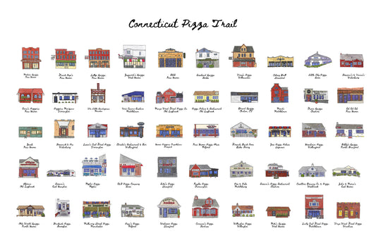Connecticut Pizza Trail 50 Storefronts in Watercolor - Watercolor 11x14" Poster Art Print by Bryan Etch