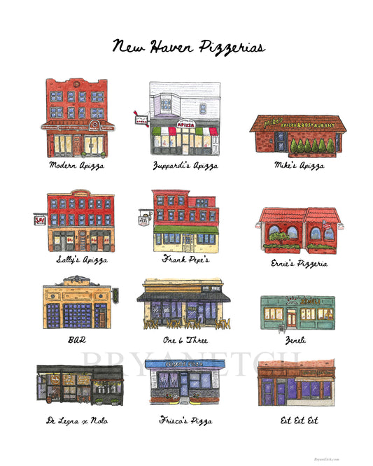 12 New Haven Pizzeria Storefronts in Watercolor - 11x14" Art Print by Bryan Etch