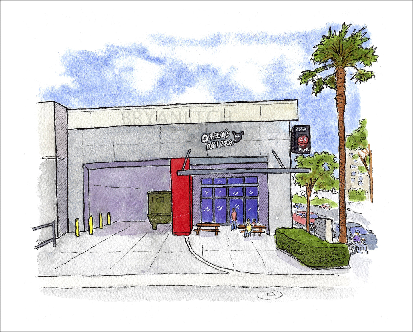 Ozzy's Apizza Los Angeles - Watercolor Pizzeria Art Print by Bryan Etch