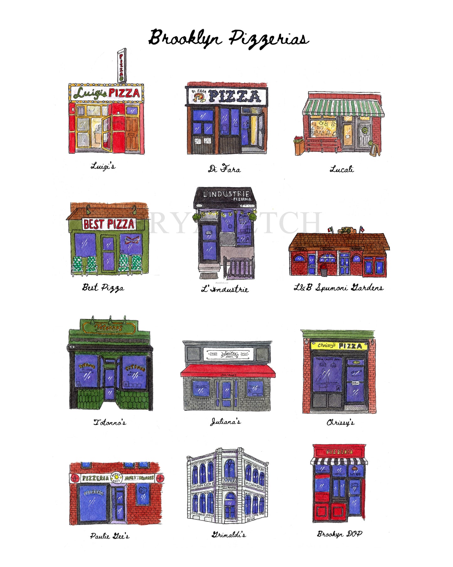 12 Brooklyn Pizzeria Storefronts - 11x14" Watercolor Art Print by Bryan Etch