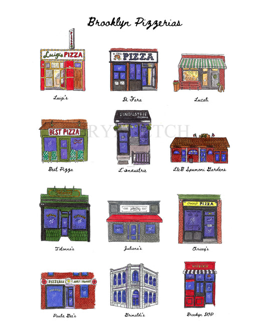 12 Brooklyn Pizzeria Storefronts - 11x14" Watercolor Art Print by Bryan Etch
